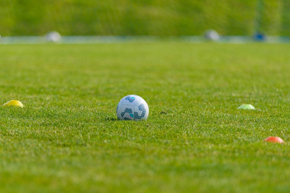 Soccer ball on a vibrant green grass field surrounded by colorful training cones, ideal for sports and recreation themes.